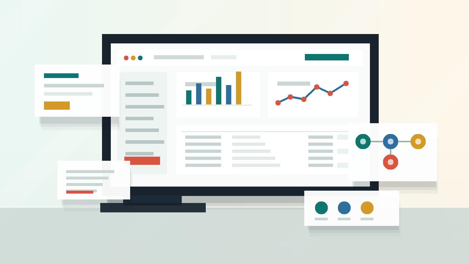 Mockup d'un tableau de bord, de documents et de workflows automatisés